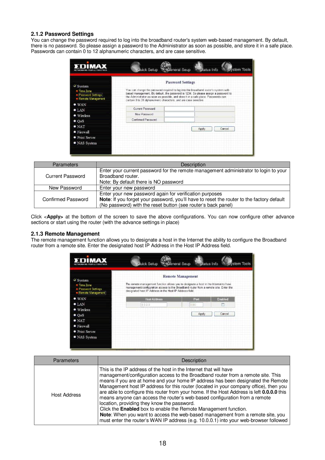 Edimax Technology Broadband Router manual Password Settings, Remote Management 