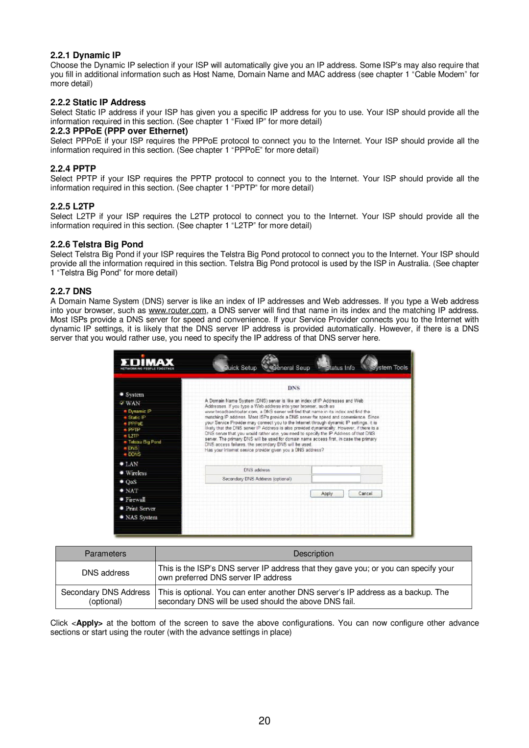 Edimax Technology Broadband Router manual Dynamic IP, Static IP Address, PPPoE PPP over Ethernet, 5 L2TP, 7 DNS 