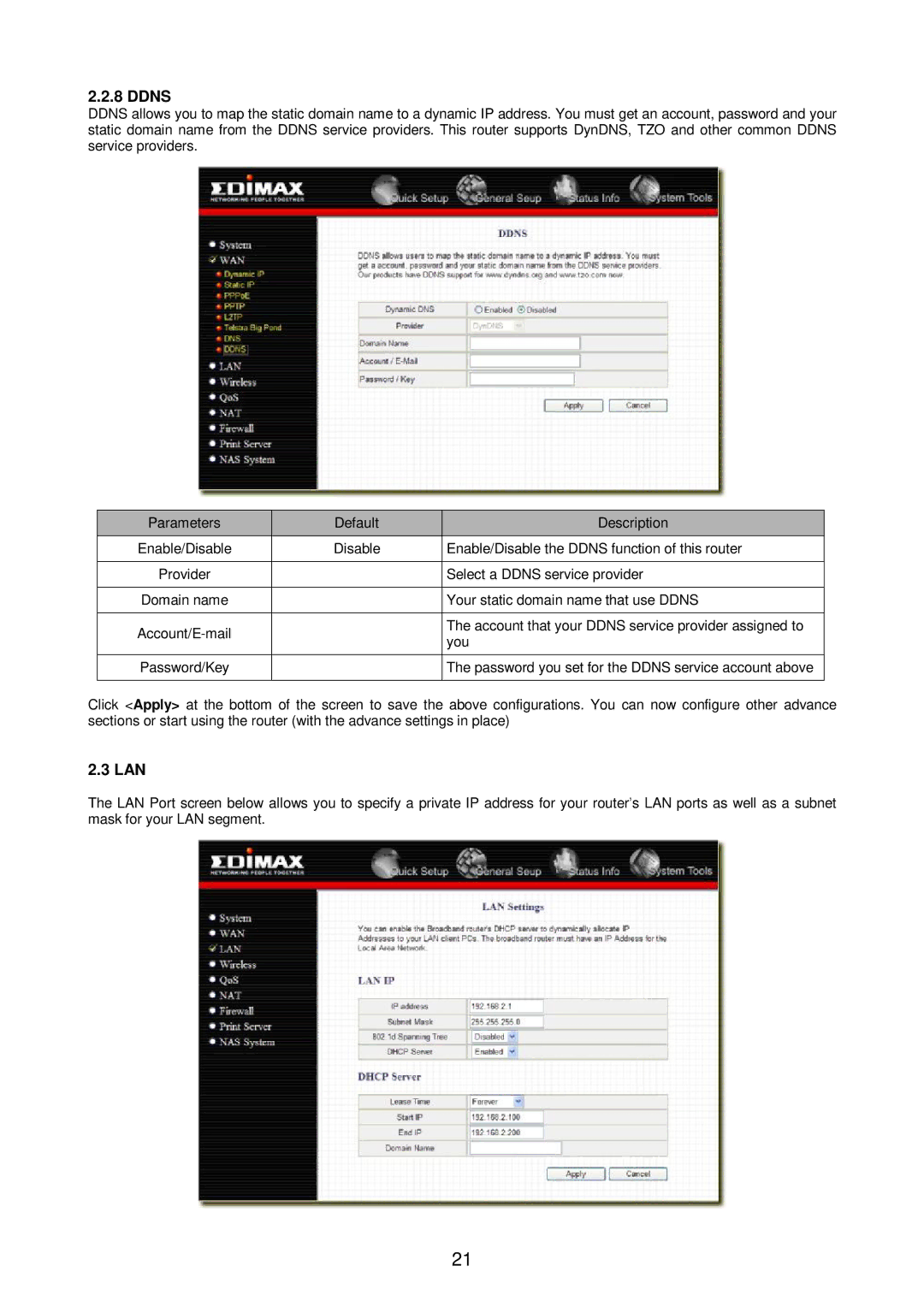 Edimax Technology Broadband Router manual Ddns, Lan 