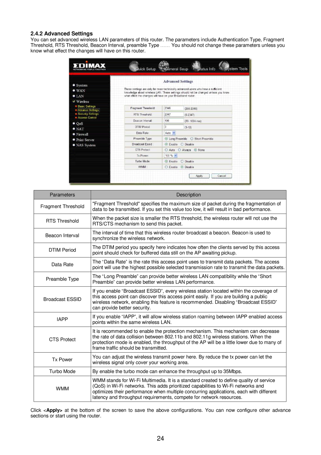 Edimax Technology Broadband Router manual Advanced Settings, Iapp, Wmm 