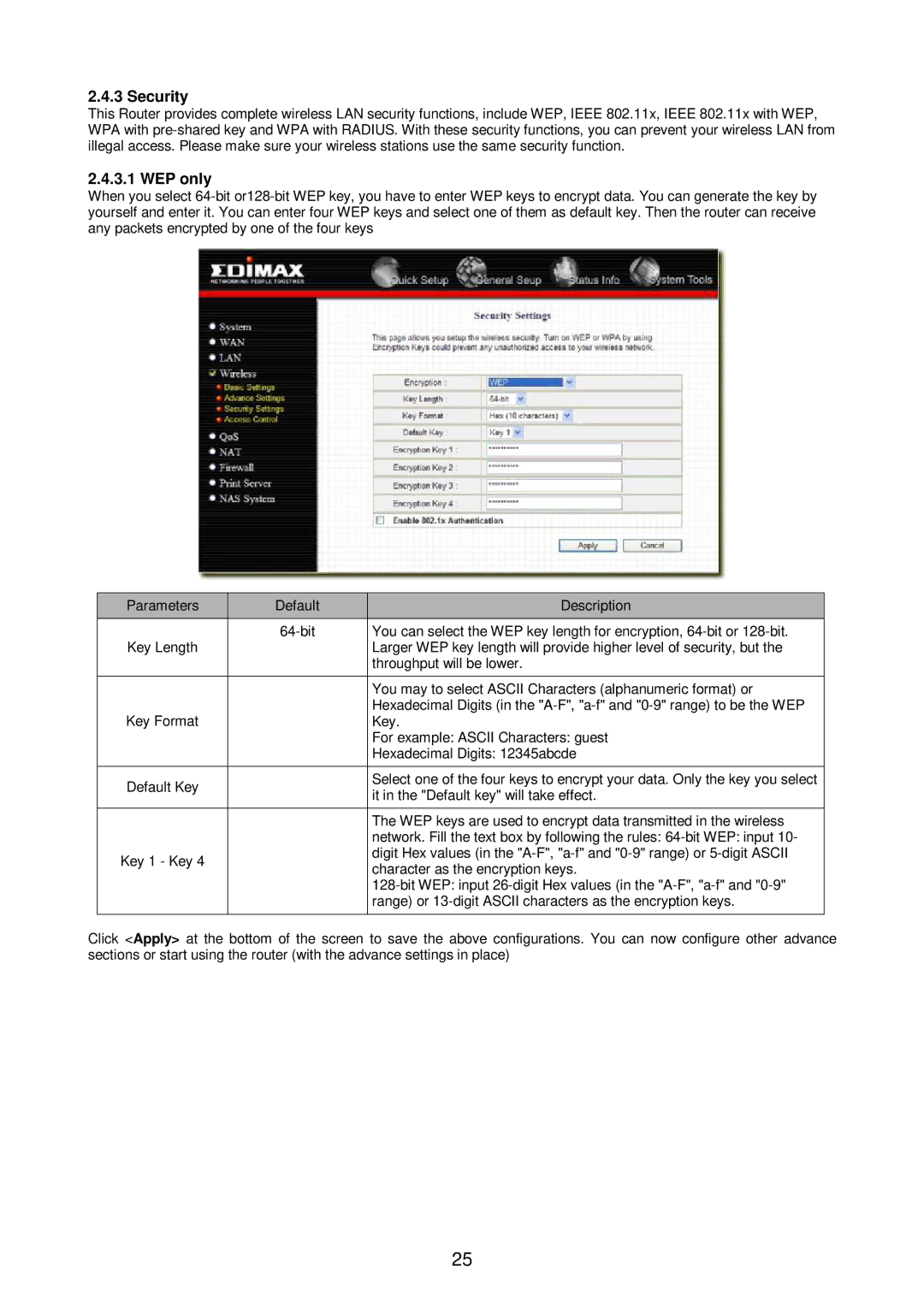 Edimax Technology Broadband Router manual Security, WEP only 