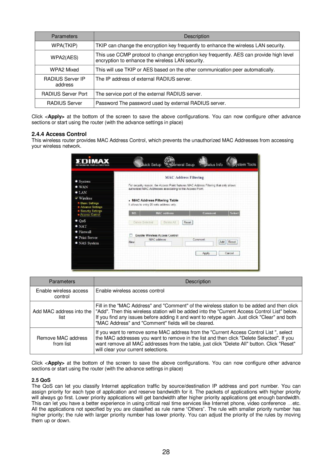 Edimax Technology Broadband Router manual Access Control, QoS 