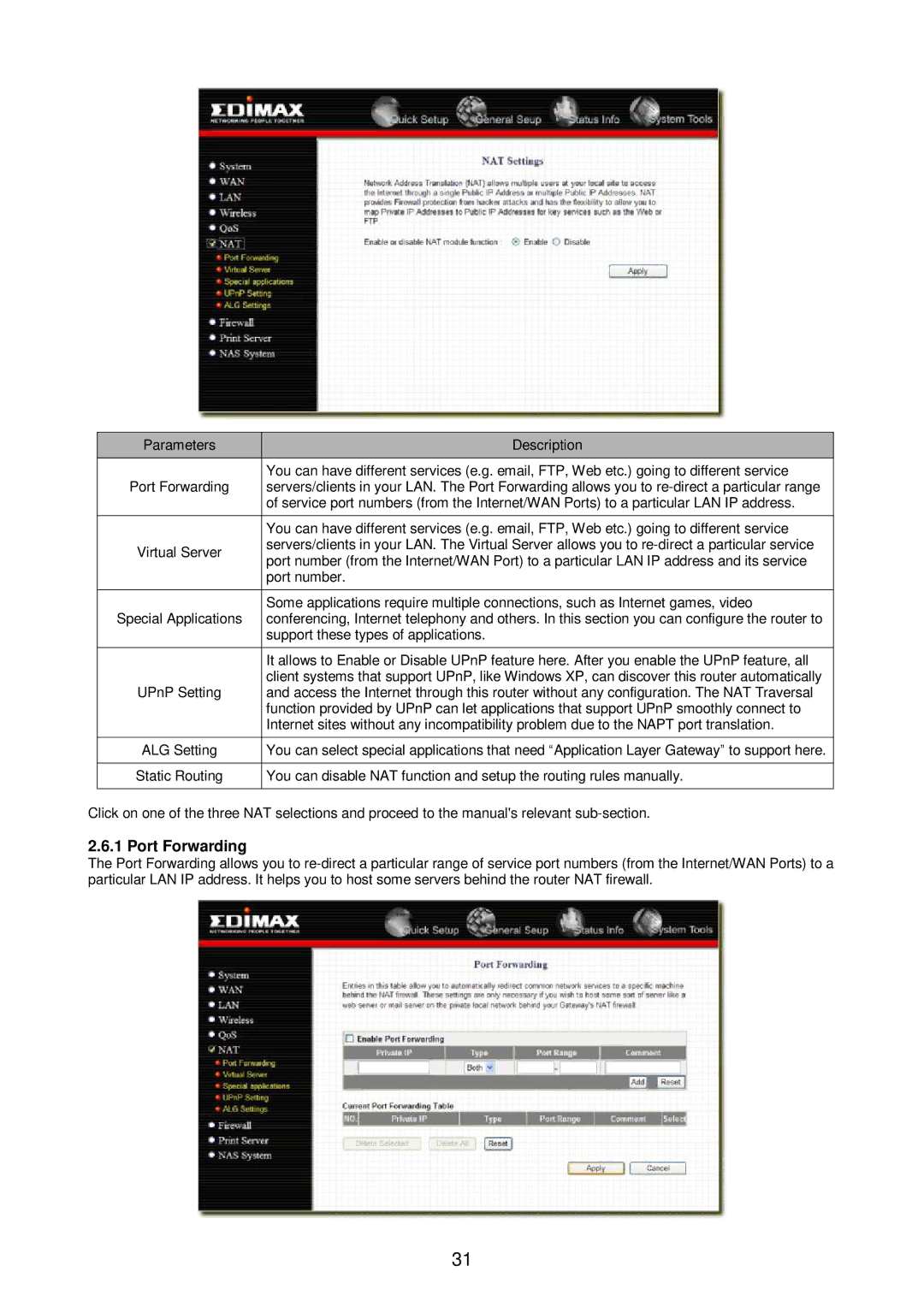 Edimax Technology Broadband Router manual Port Forwarding, Support these types of applications, ALG Setting 