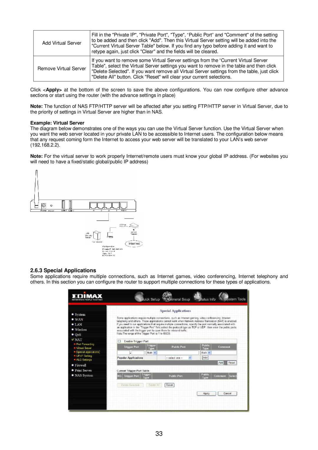 Edimax Technology Broadband Router manual Special Applications, Example Virtual Server 