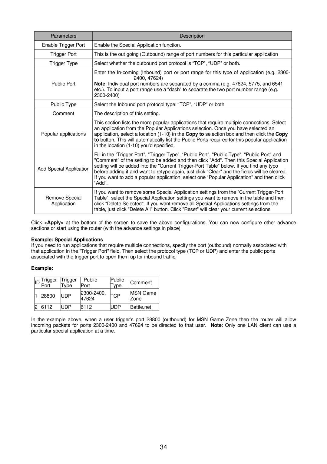 Edimax Technology Broadband Router manual Example Special Applications, Udp, Tcp 