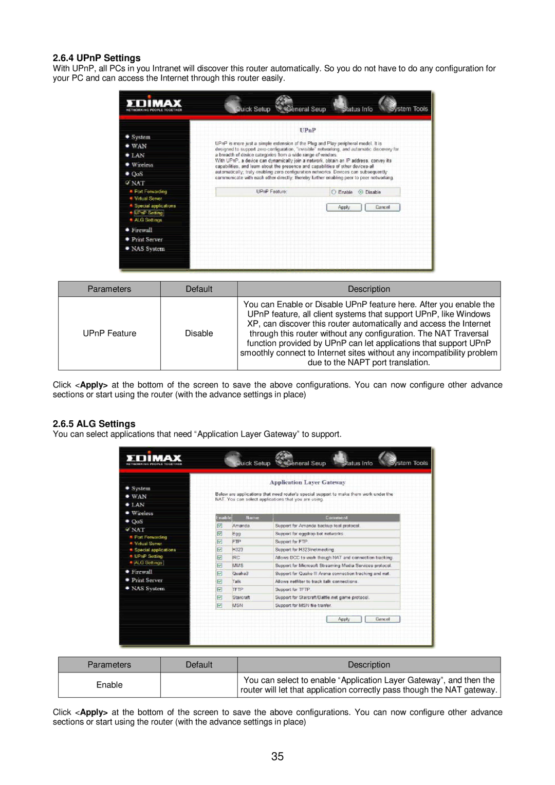 Edimax Technology Broadband Router manual UPnP Settings, ALG Settings, UPnP Feature Disable 