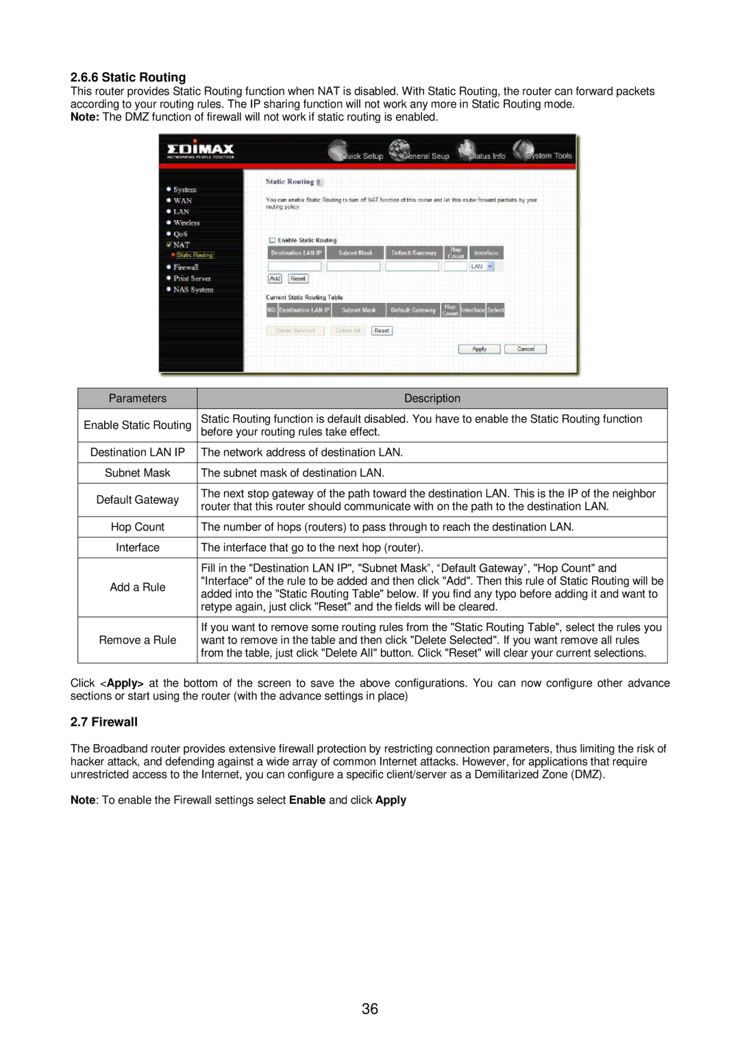 Edimax Technology Broadband Router manual Static Routing, Firewall, Before your routing rules take effect 