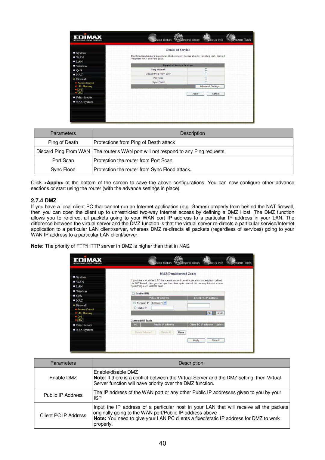 Edimax Technology Broadband Router manual 4 DMZ, Isp 