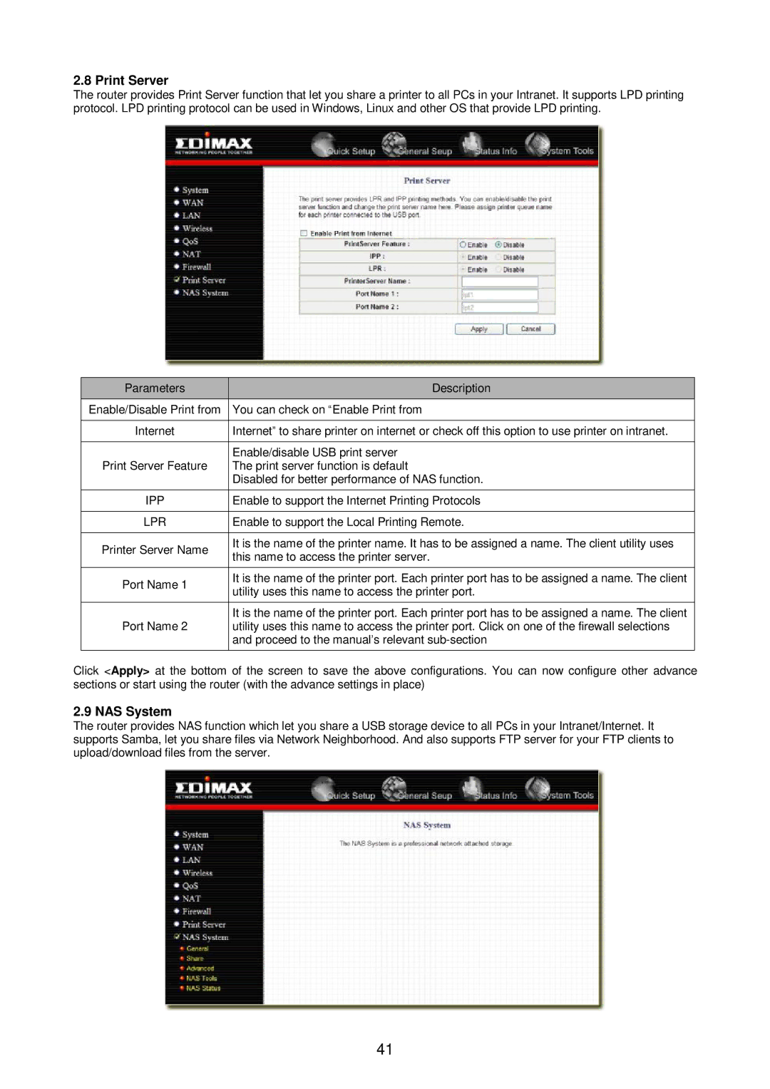 Edimax Technology Broadband Router manual Print Server, NAS System, Ipp 