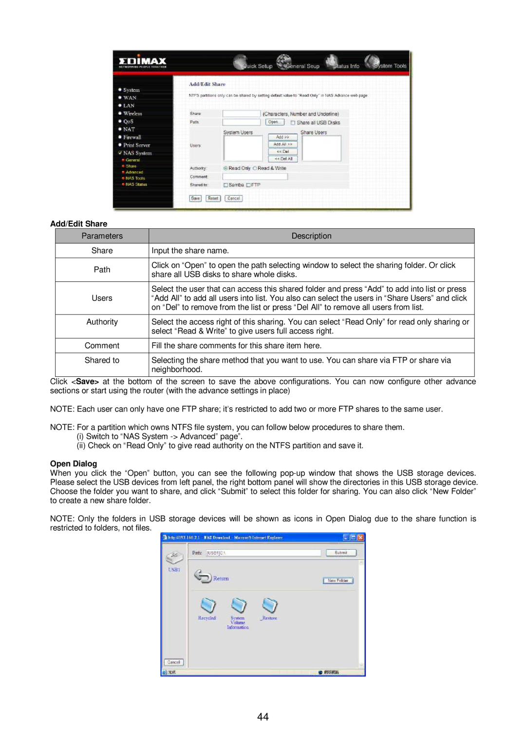 Edimax Technology Broadband Router Add/Edit Share, Input the share name, Fill the share comments for this share item here 