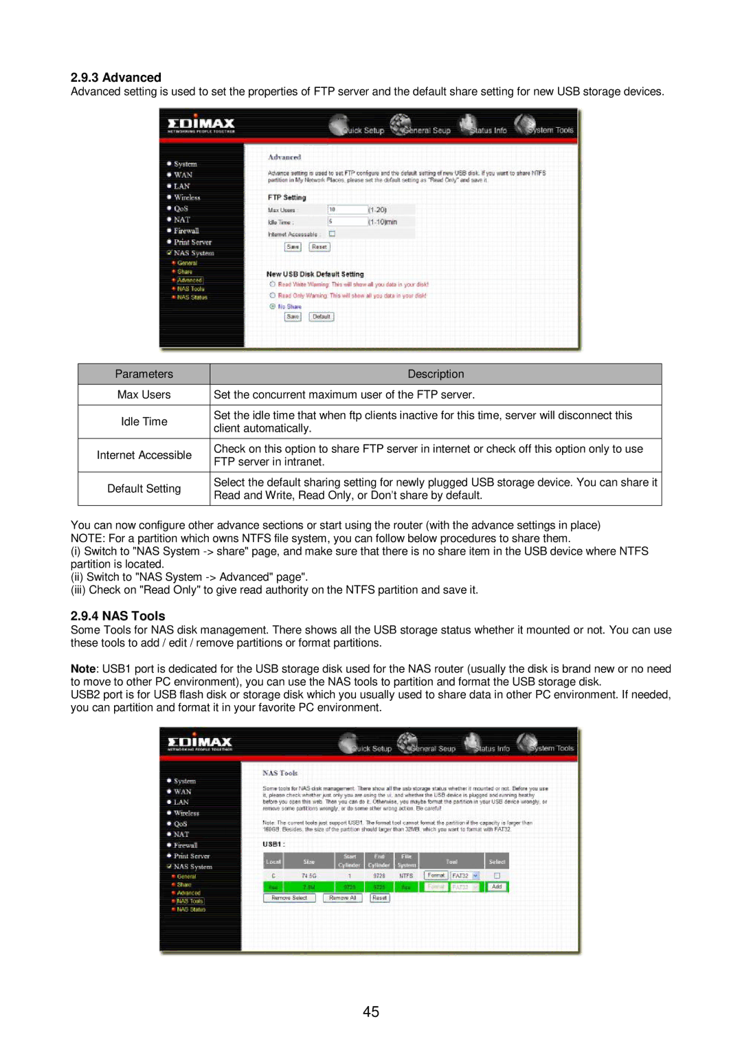 Edimax Technology Broadband Router manual Advanced, NAS Tools, Client automatically, FTP server in intranet 