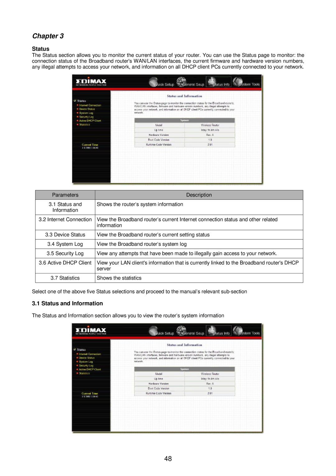 Edimax Technology Broadband Router manual Status and Information 