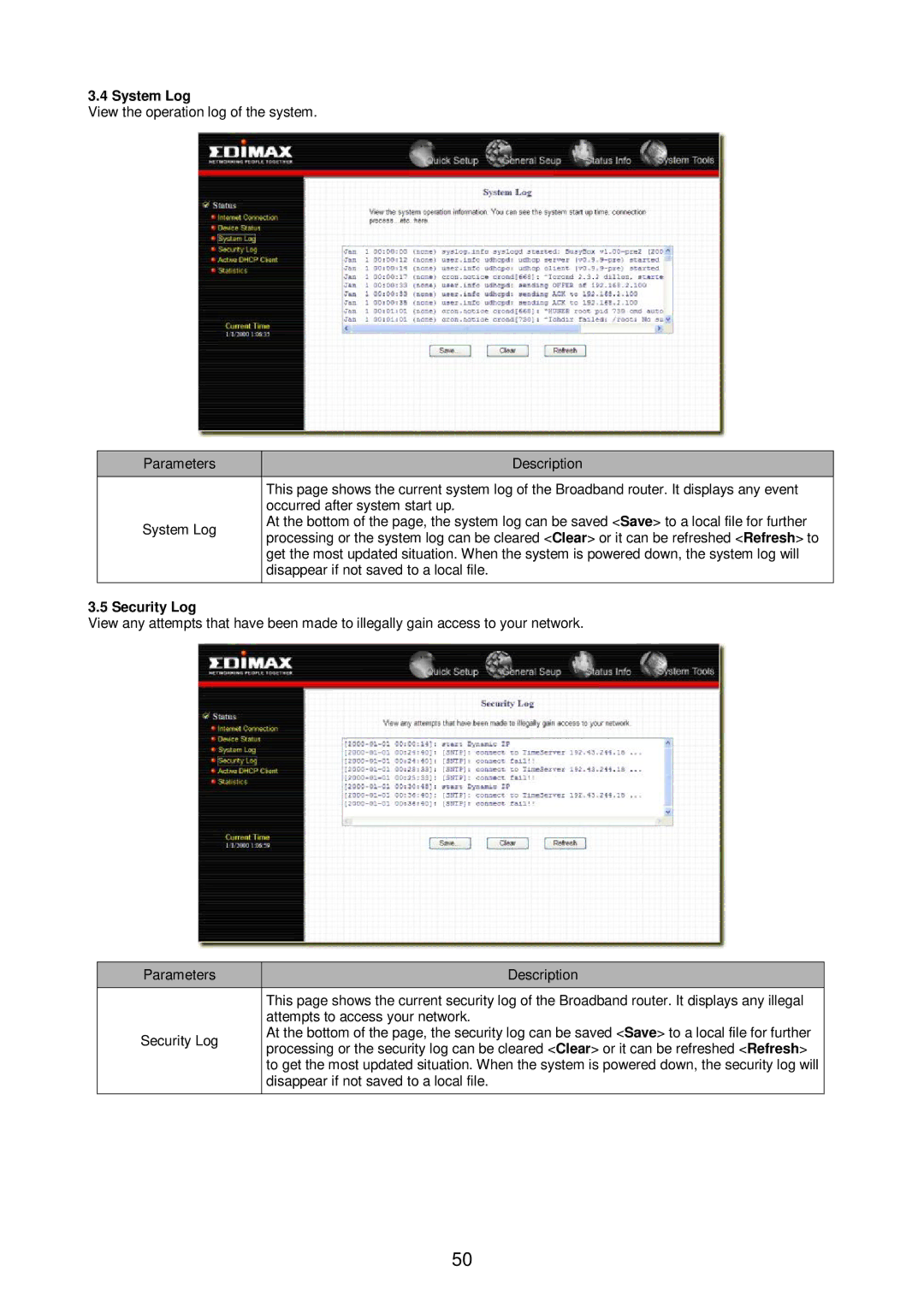 Edimax Technology Broadband Router manual System Log 