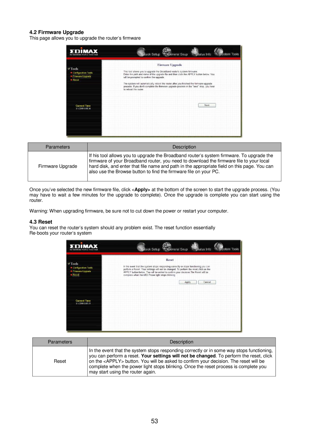 Edimax Technology Broadband Router manual Firmware Upgrade, Reset, May start using the router again 