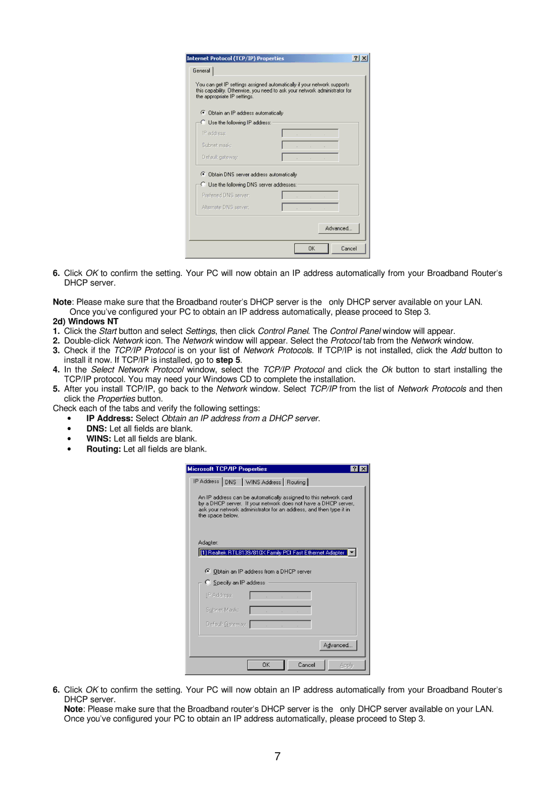 Edimax Technology Broadband Router manual 2d Windows NT, ∙ IP Address Select Obtain an IP address from a Dhcp server 