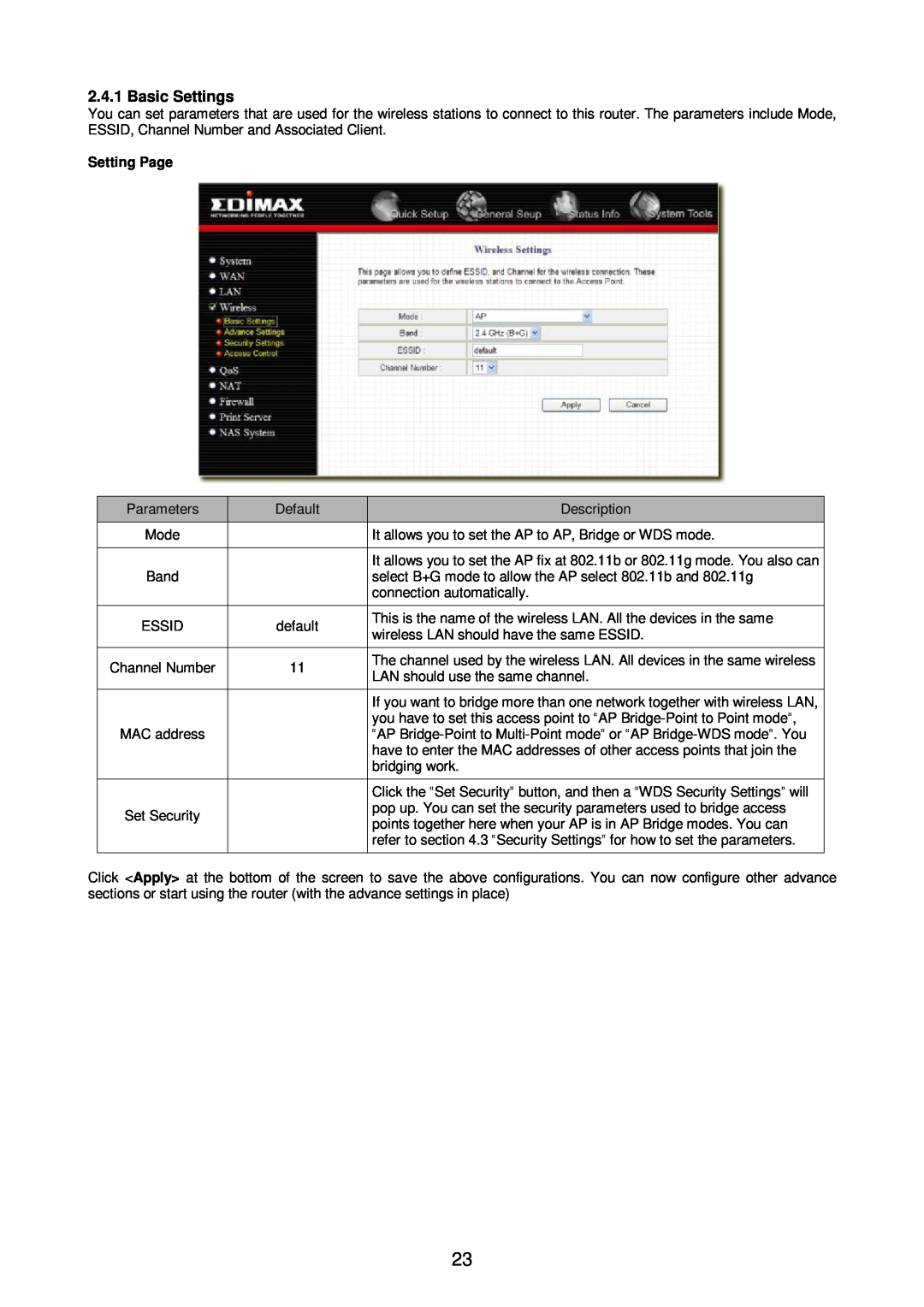 Edimax Technology Broadband Router manual Basic Settings, Setting Page 