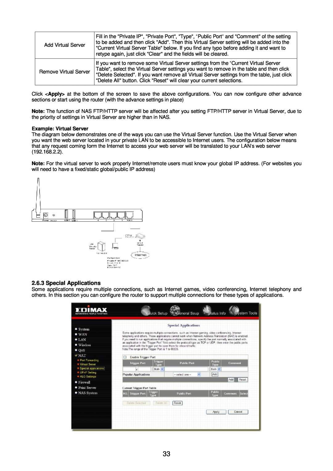 Edimax Technology Broadband Router manual Special Applications, Example Virtual Server 