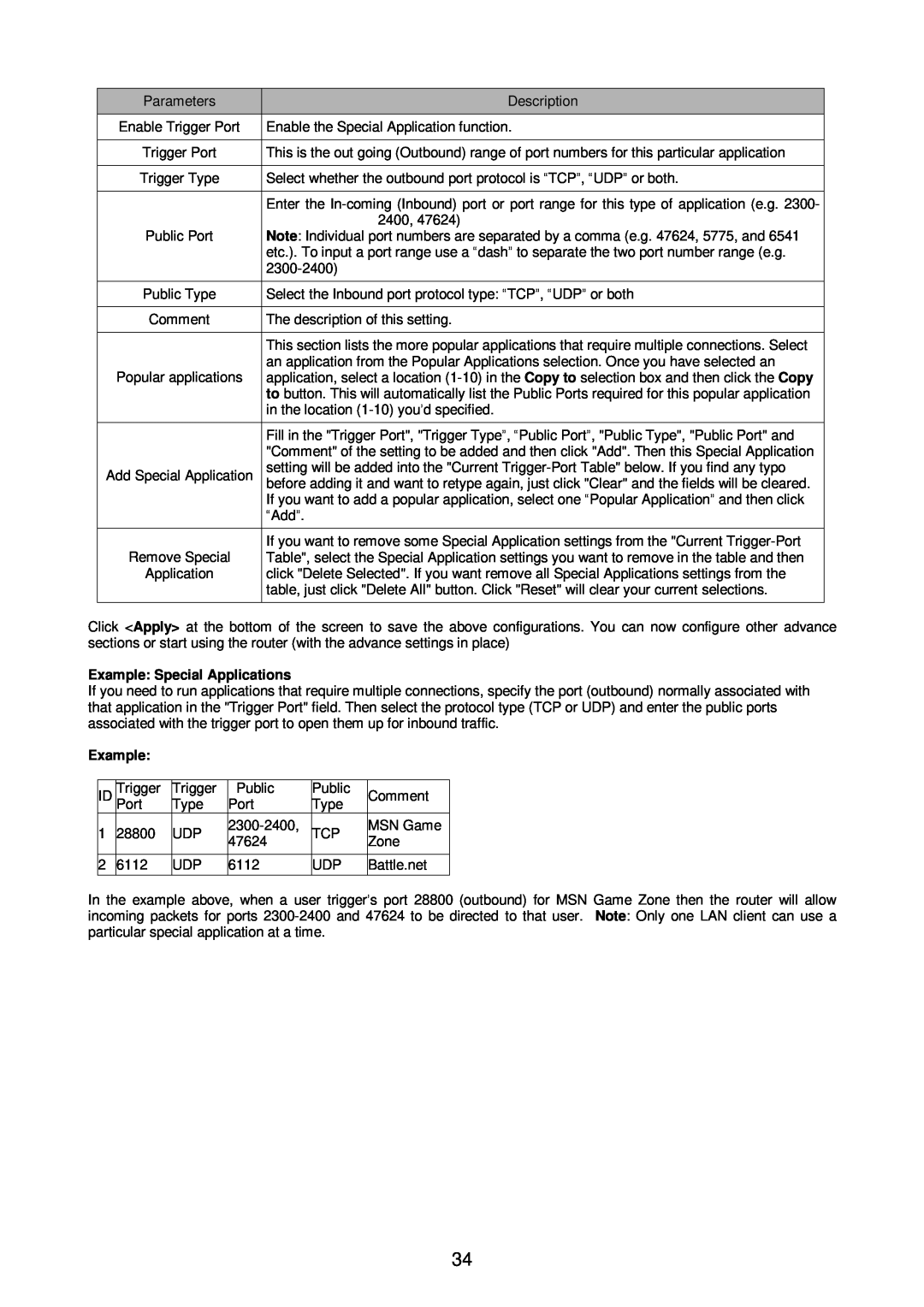 Edimax Technology Broadband Router manual Example Special Applications 