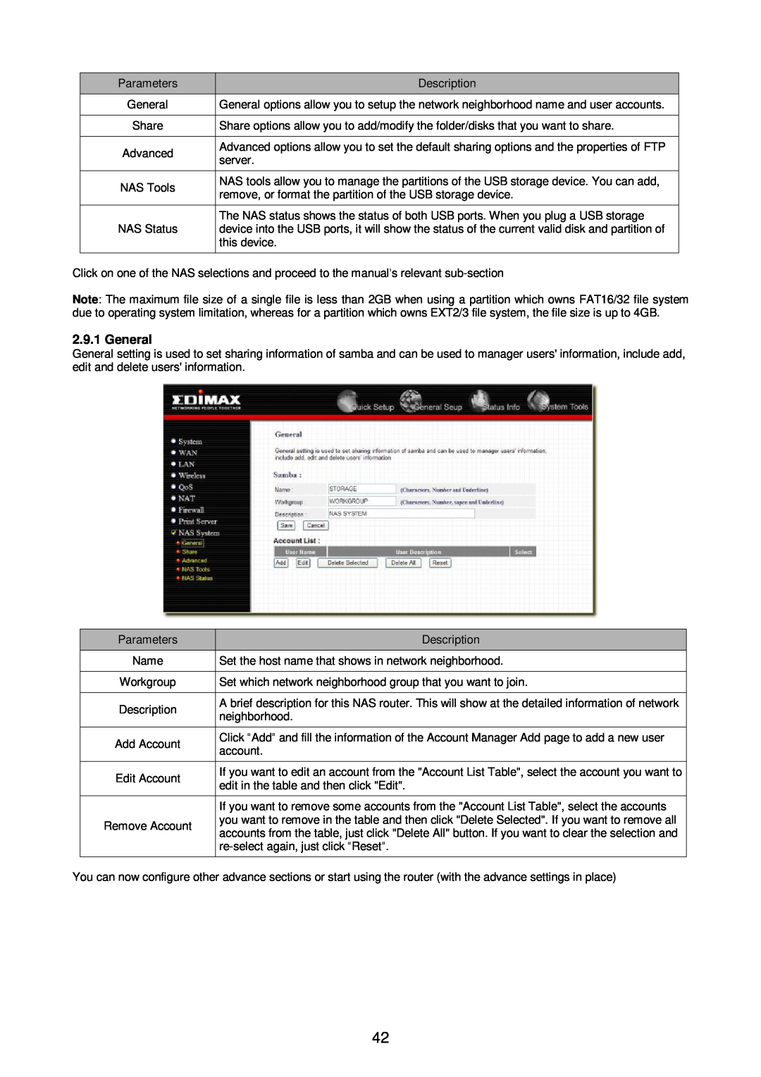 Edimax Technology Broadband Router manual General, Share, Name, Workgroup, Description 