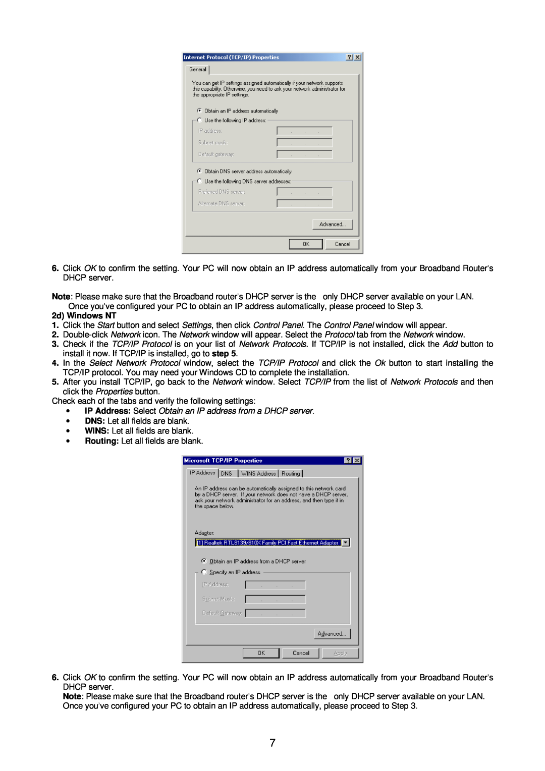 Edimax Technology Broadband Router manual 2d Windows NT, ∙ IP Address Select Obtain an IP address from a DHCP server 