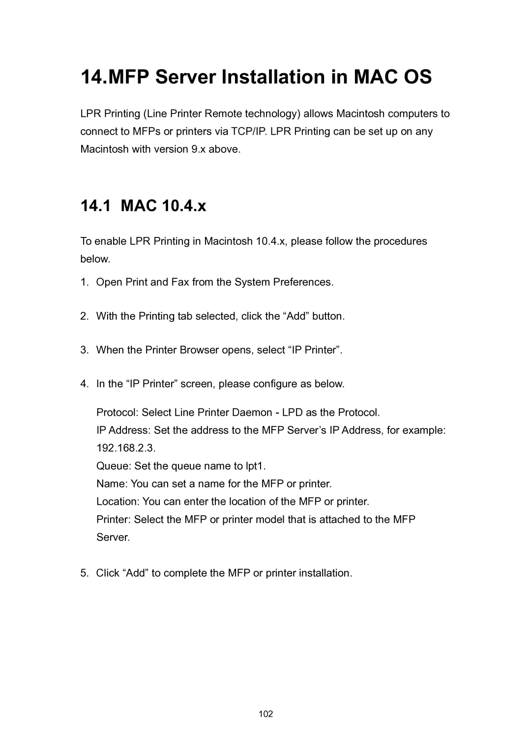 Edimax Technology EDIMAX FAST ETHERNET MFP SERVER VERSION: 2.0 user manual MFP Server Installation in MAC OS, 14.1 MAC 