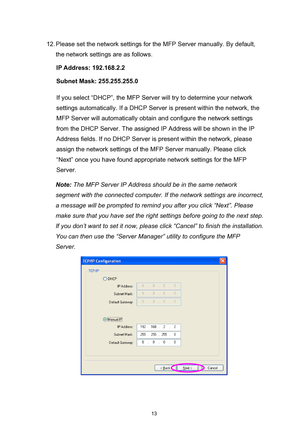 Edimax Technology EDIMAX FAST ETHERNET MFP SERVER VERSION: 2.0 user manual IP Address Subnet Mask 