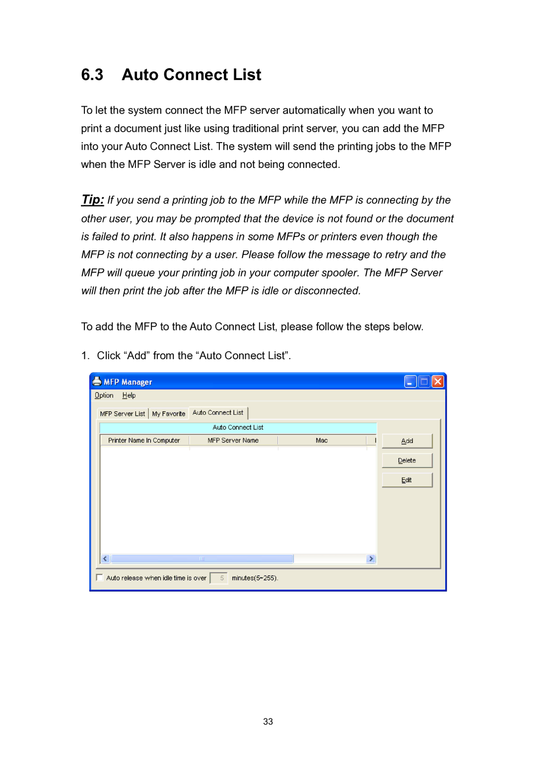 Edimax Technology EDIMAX FAST ETHERNET MFP SERVER VERSION: 2.0 user manual Auto Connect List 