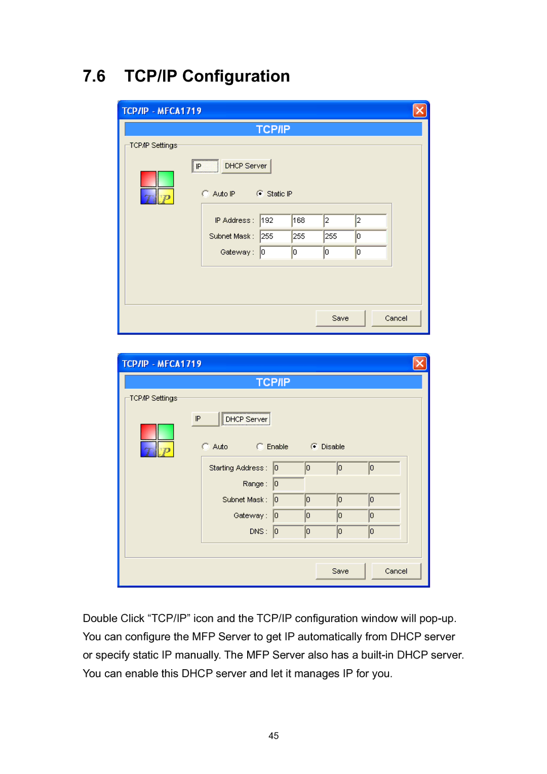 Edimax Technology EDIMAX FAST ETHERNET MFP SERVER VERSION: 2.0 user manual TCP/IP Configuration 