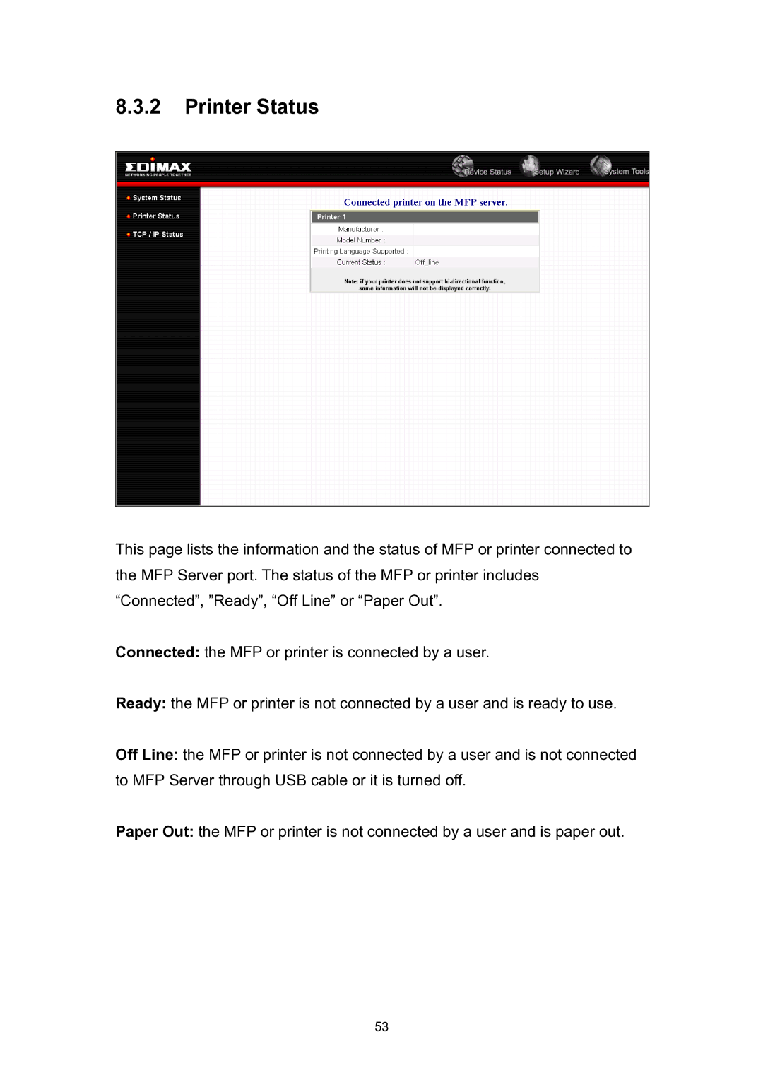 Edimax Technology EDIMAX FAST ETHERNET MFP SERVER VERSION: 2.0 user manual Printer Status 