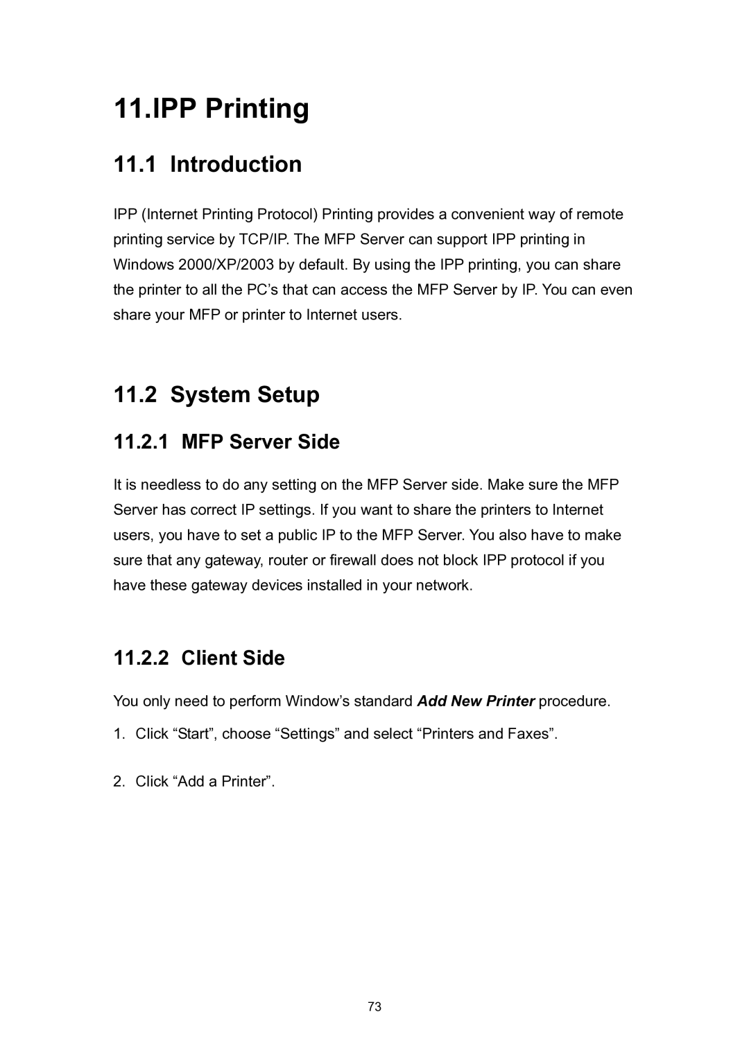 Edimax Technology EDIMAX FAST ETHERNET MFP SERVER VERSION: 2.0 IPP Printing, System Setup, MFP Server Side, Client Side 