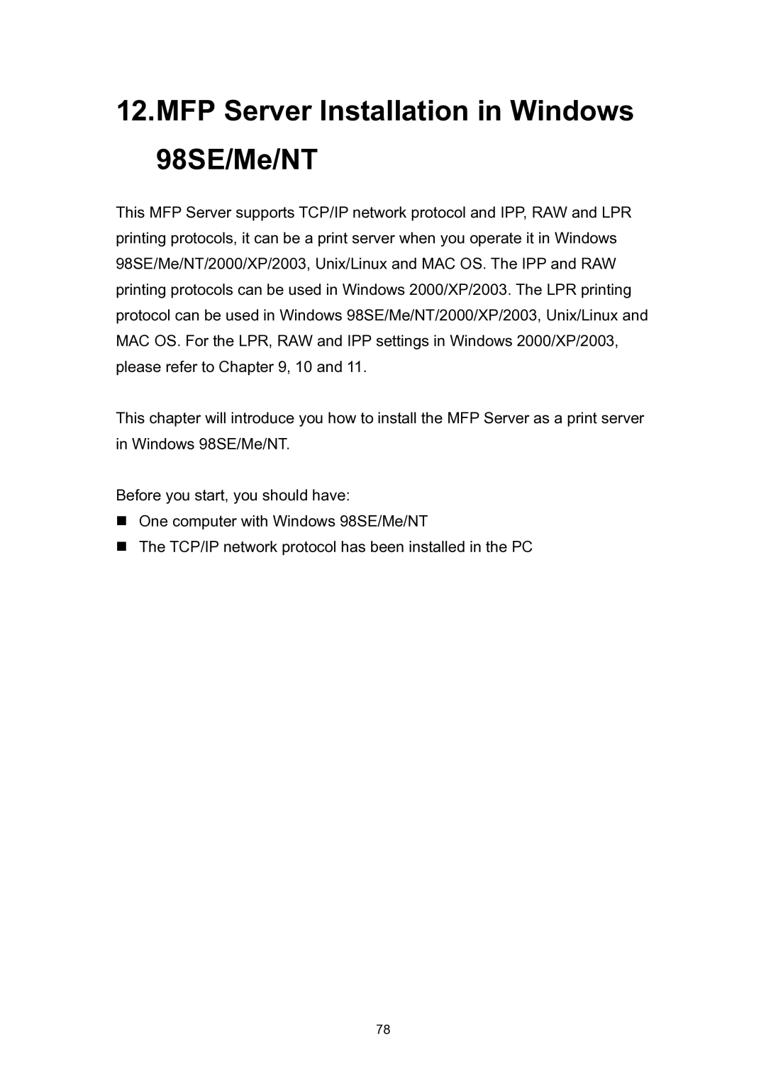 Edimax Technology EDIMAX FAST ETHERNET MFP SERVER VERSION: 2.0 user manual MFP Server Installation in Windows 98SE/Me/NT 