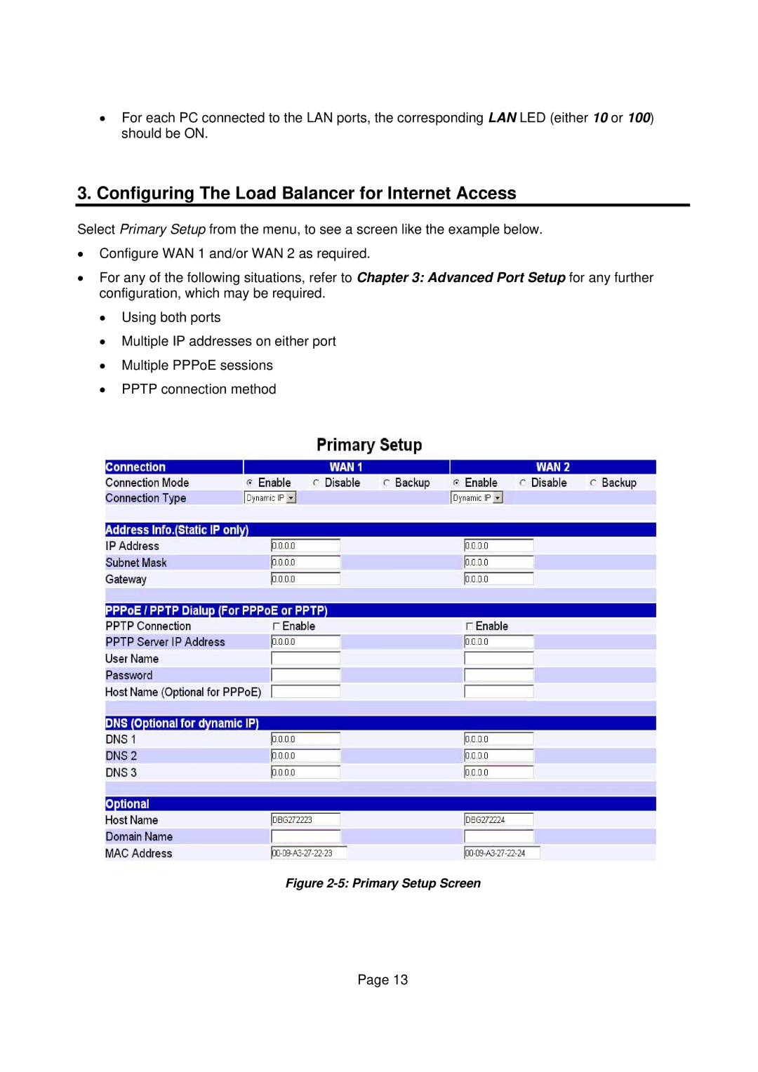 Edimax Technology Edimax user guide Router manual Configuring The Load Balancer for Internet Access, Primary Setup Screen 