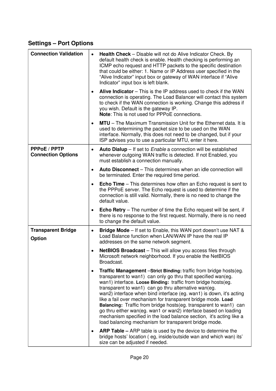 Edimax Technology Edimax user guide Router manual Settings Port Options, Connection Options, Transparent Bridge 