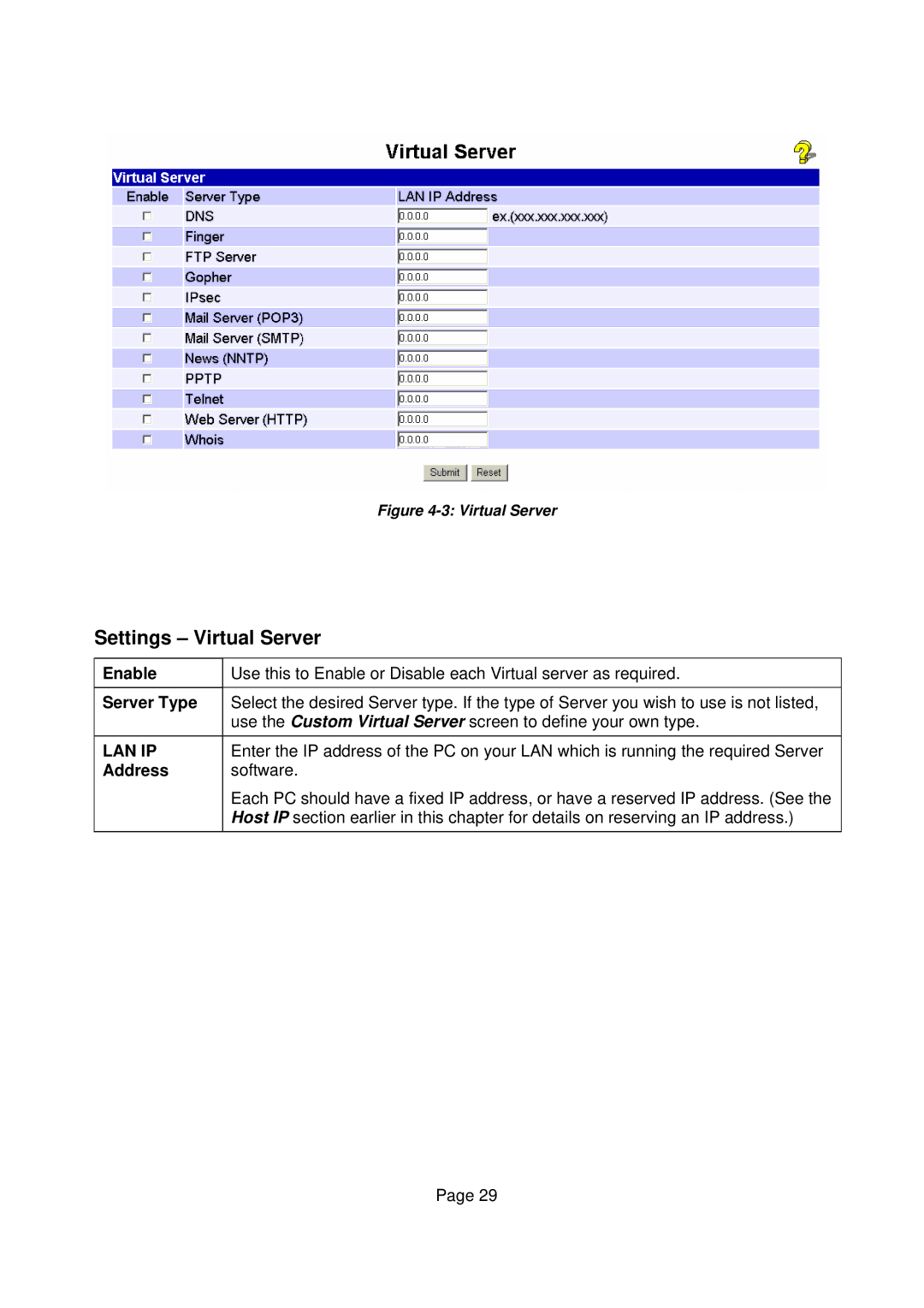 Edimax Technology Edimax user guide Router manual Settings Virtual Server, Enable, Server Type, Address 