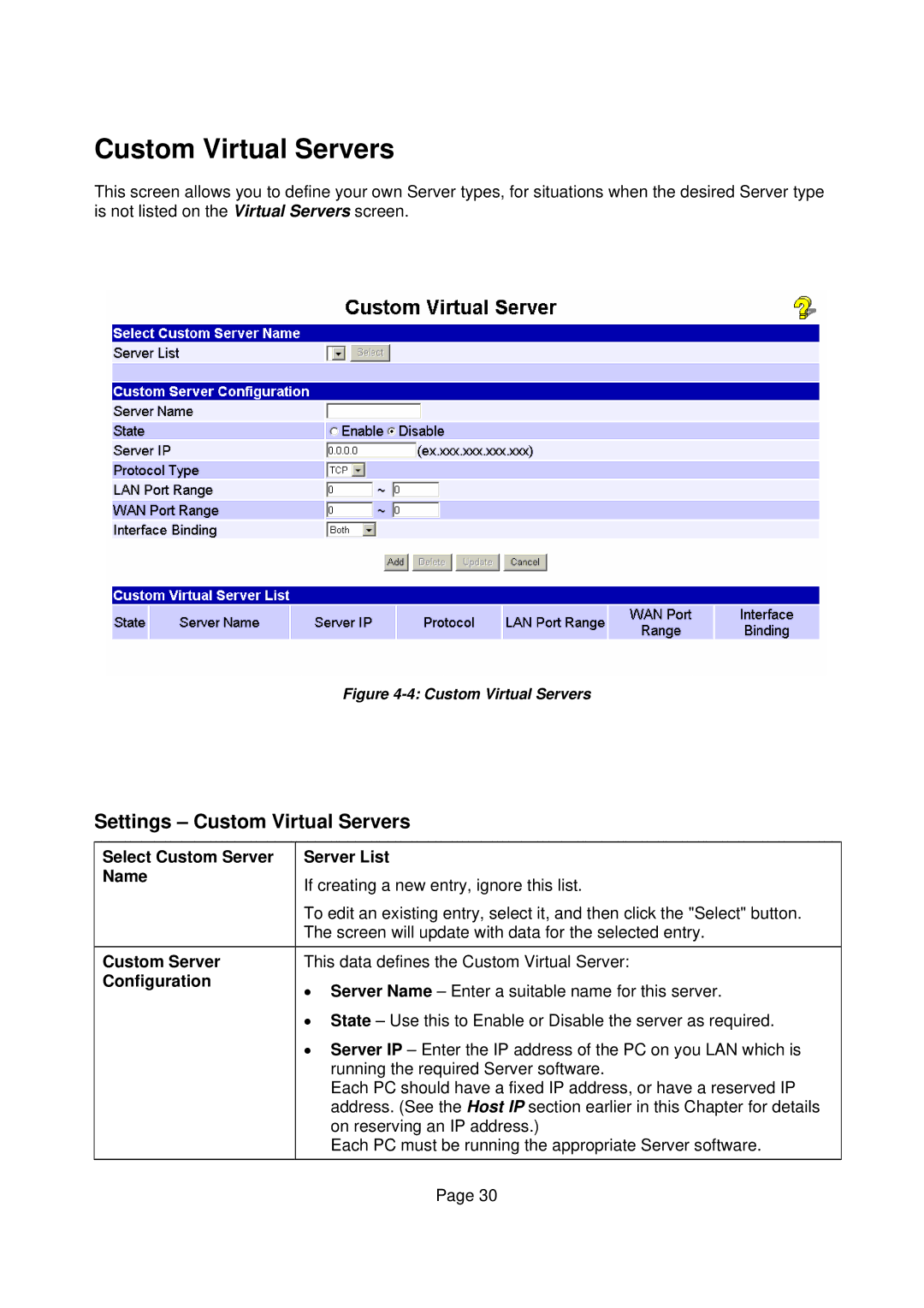 Edimax Technology Edimax user guide Router Settings Custom Virtual Servers, Select Custom Server Server List Name 