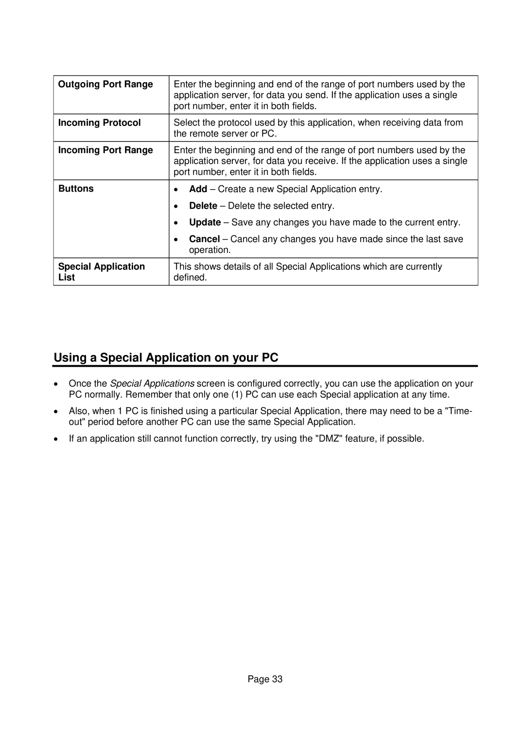 Edimax Technology Edimax user guide Router Using a Special Application on your PC, Outgoing Port Range, Incoming Protocol 