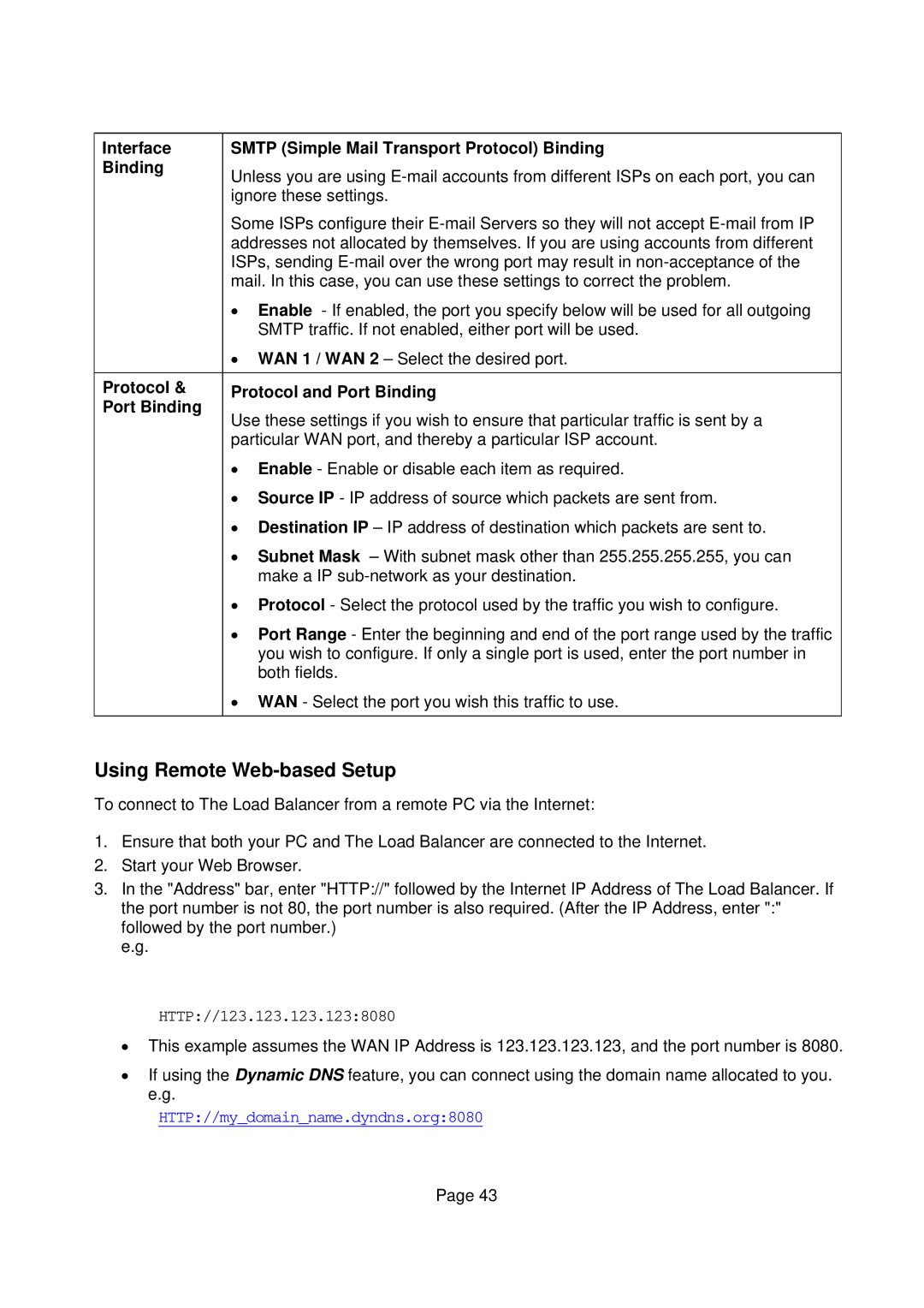 Edimax Technology Edimax user guide Router manual Using Remote Web-based Setup, Protocol Protocol and Port Binding 