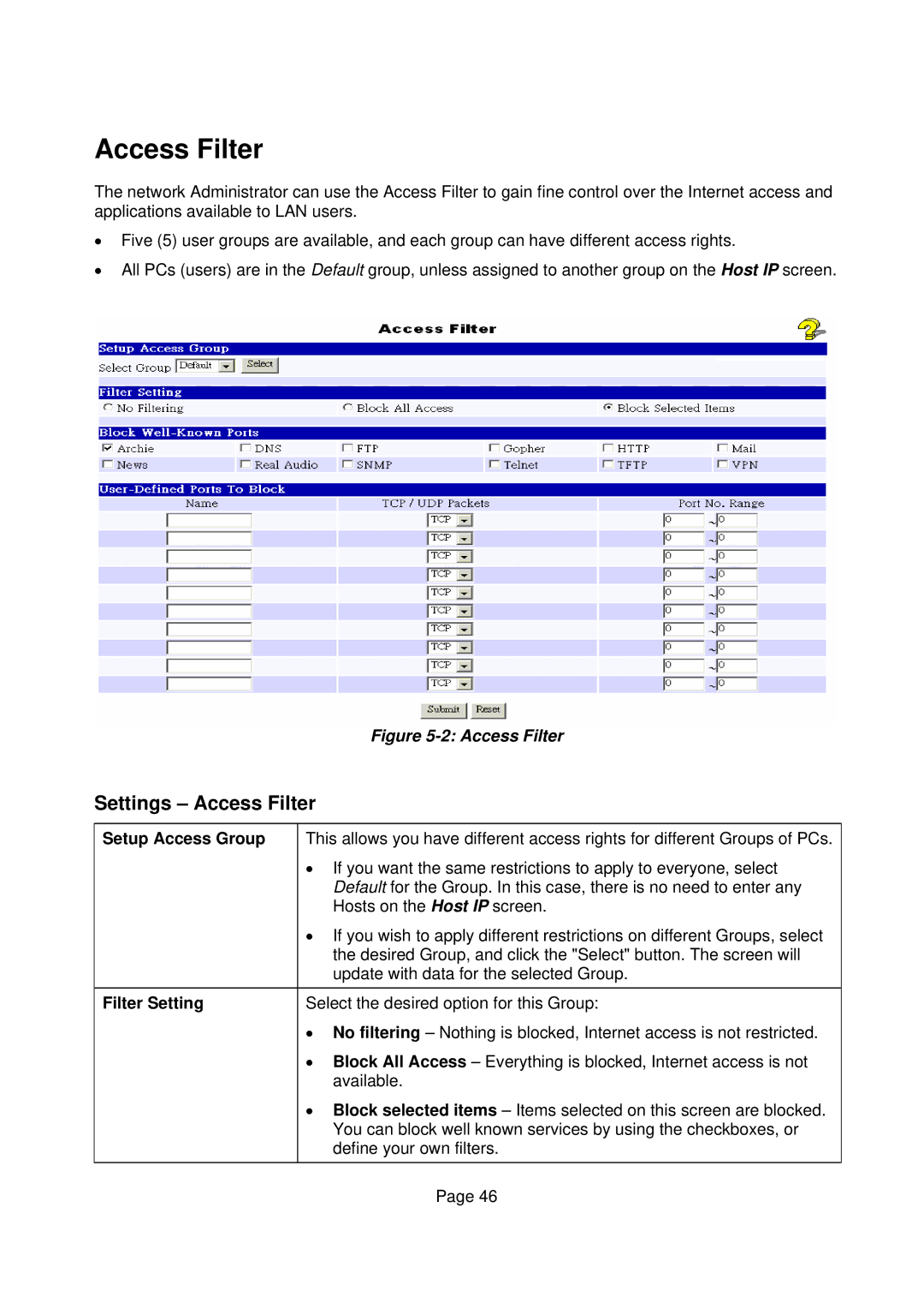 Edimax Technology Edimax user guide Router manual Settings Access Filter, Setup Access Group, Filter Setting 