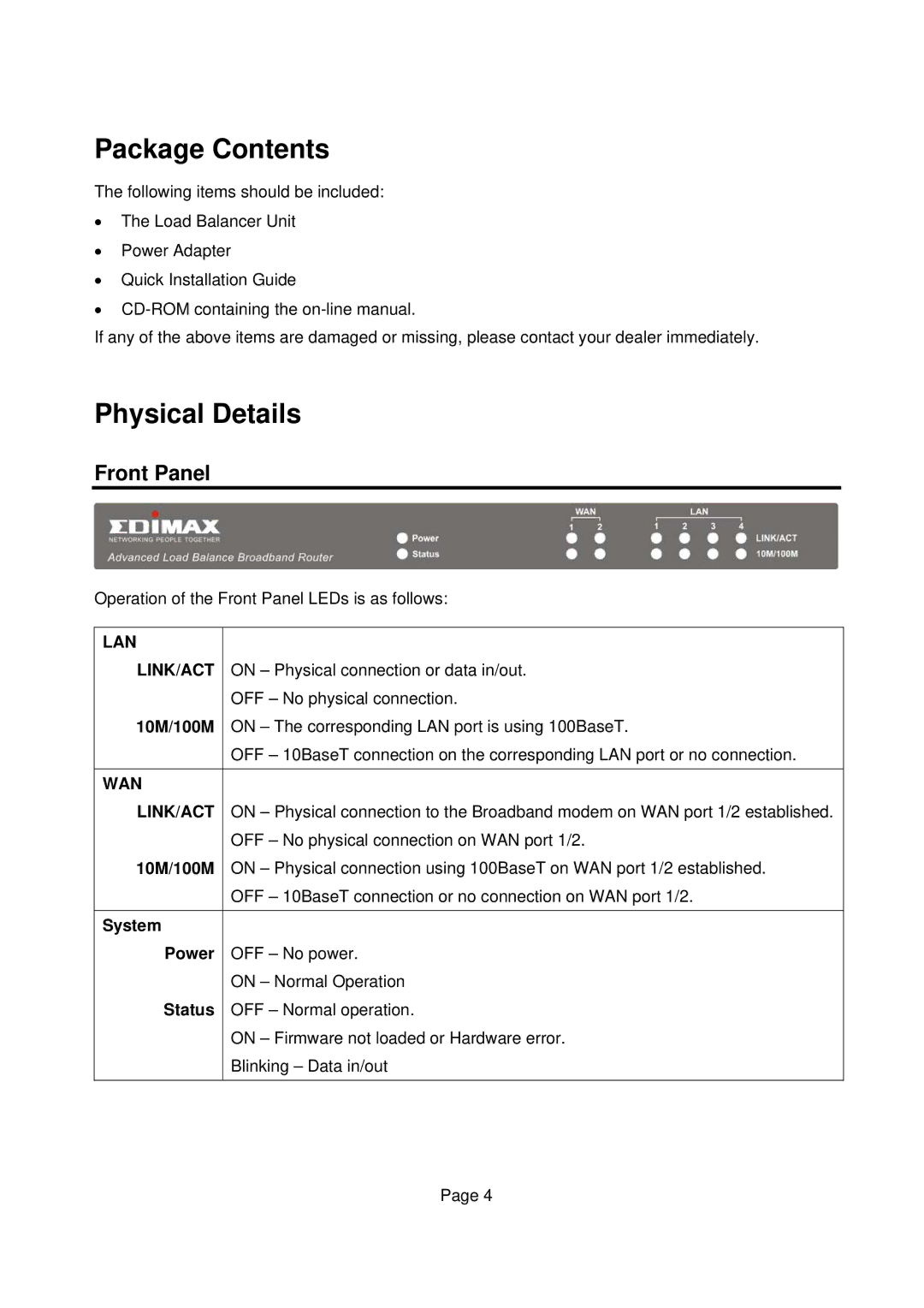 Edimax Technology Edimax user guide Router manual Package Contents, Physical Details 