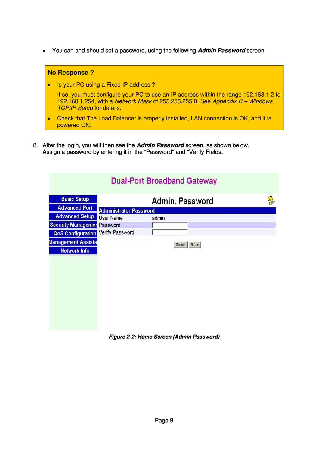 Edimax Technology Edimax user guide Router manual No Response ?, 2 Home Screen Admin Password 