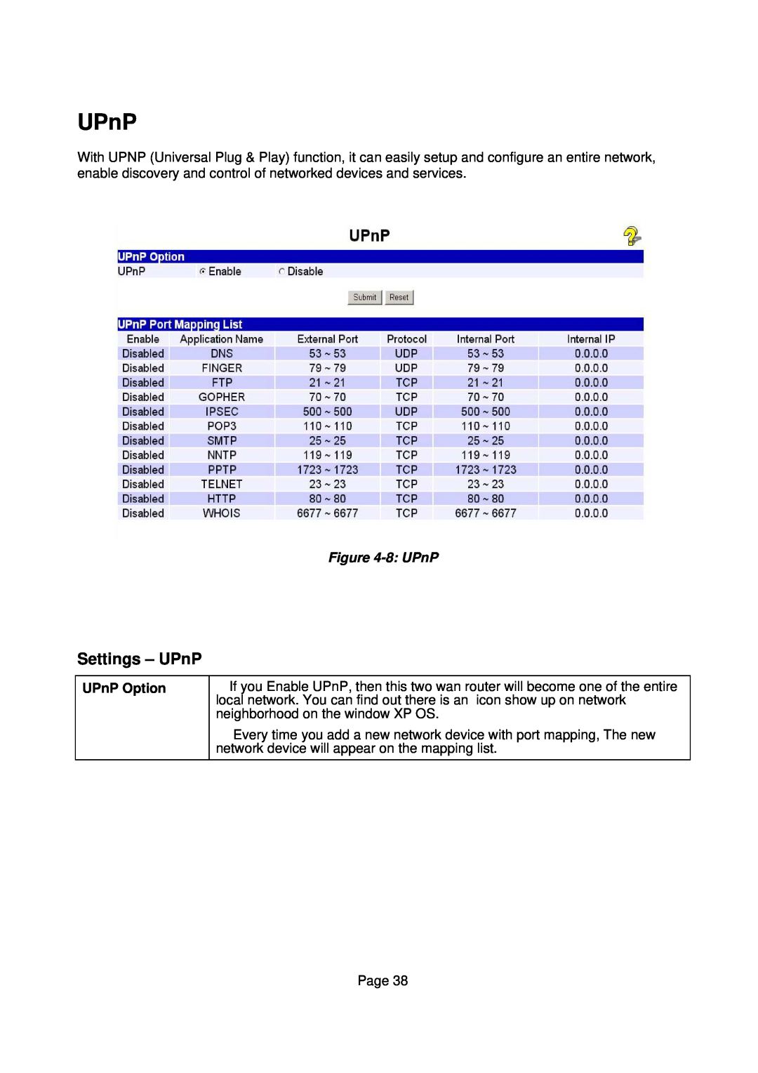 Edimax Technology Edimax user guide Router manual Settings - UPnP, 8 UPnP, UPnP Option 