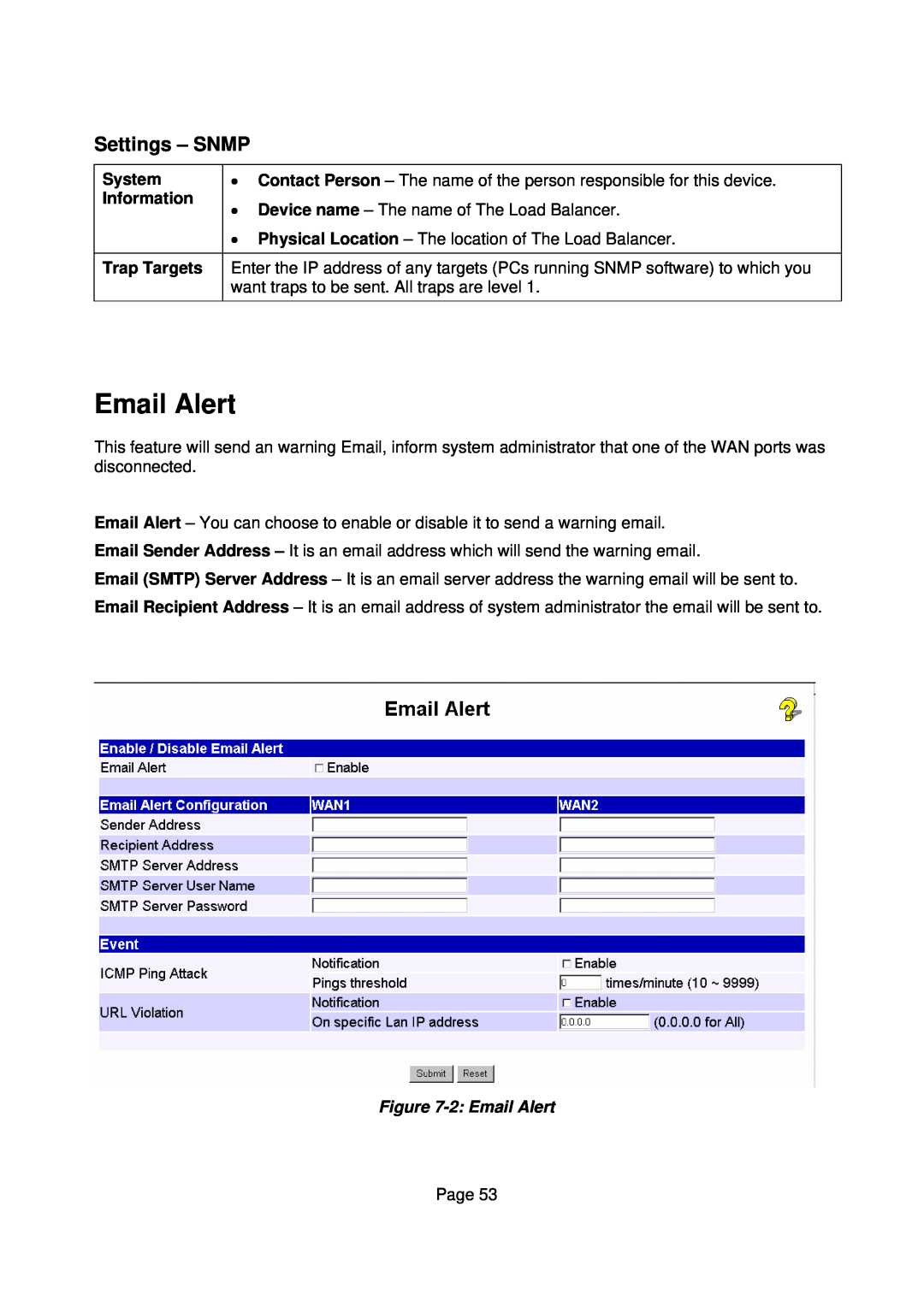 Edimax Technology Edimax user guide Router manual Settings - SNMP, Information, Trap Targets, 2 Email Alert, System 