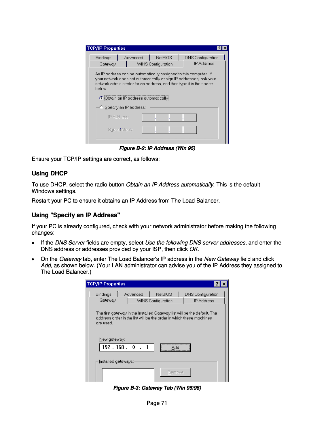 Edimax Technology Edimax user guide Router manual Using DHCP, Using Specify an IP Address, Figure B-2 IP Address Win 