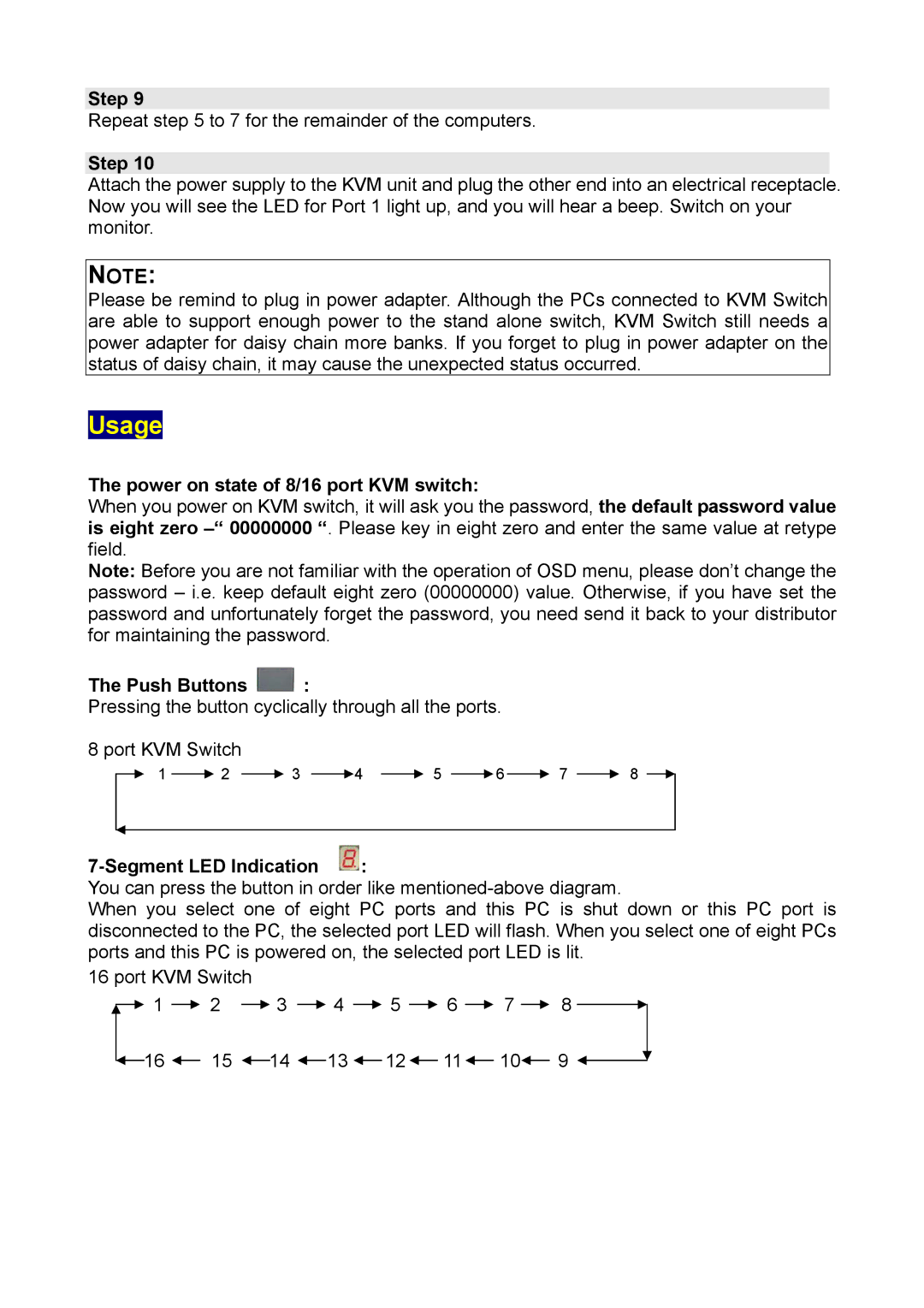 Edimax Technology EK-08RO, EK-16RO Usage, Power on state of 8/16 port KVM switch, Push Buttons, Segment LED Indication 