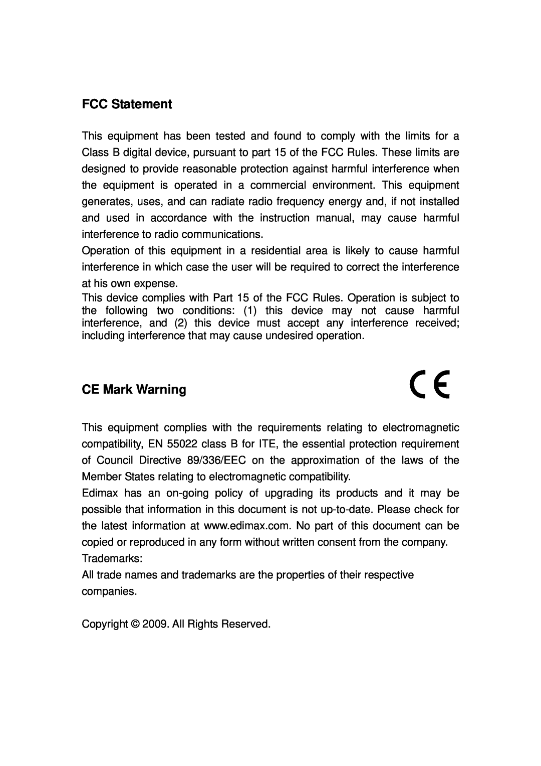 Edimax Technology EN-9235TX-32 manual FCC Statement, CE Mark Warning 