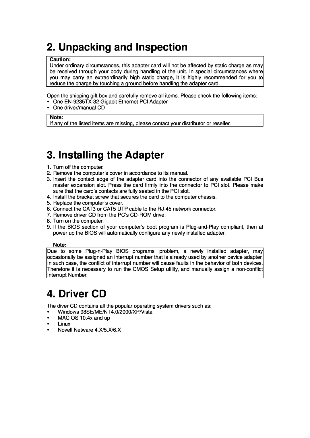 Edimax Technology EN-9235TX-32 manual Unpacking and Inspection, Installing the Adapter, Driver CD 