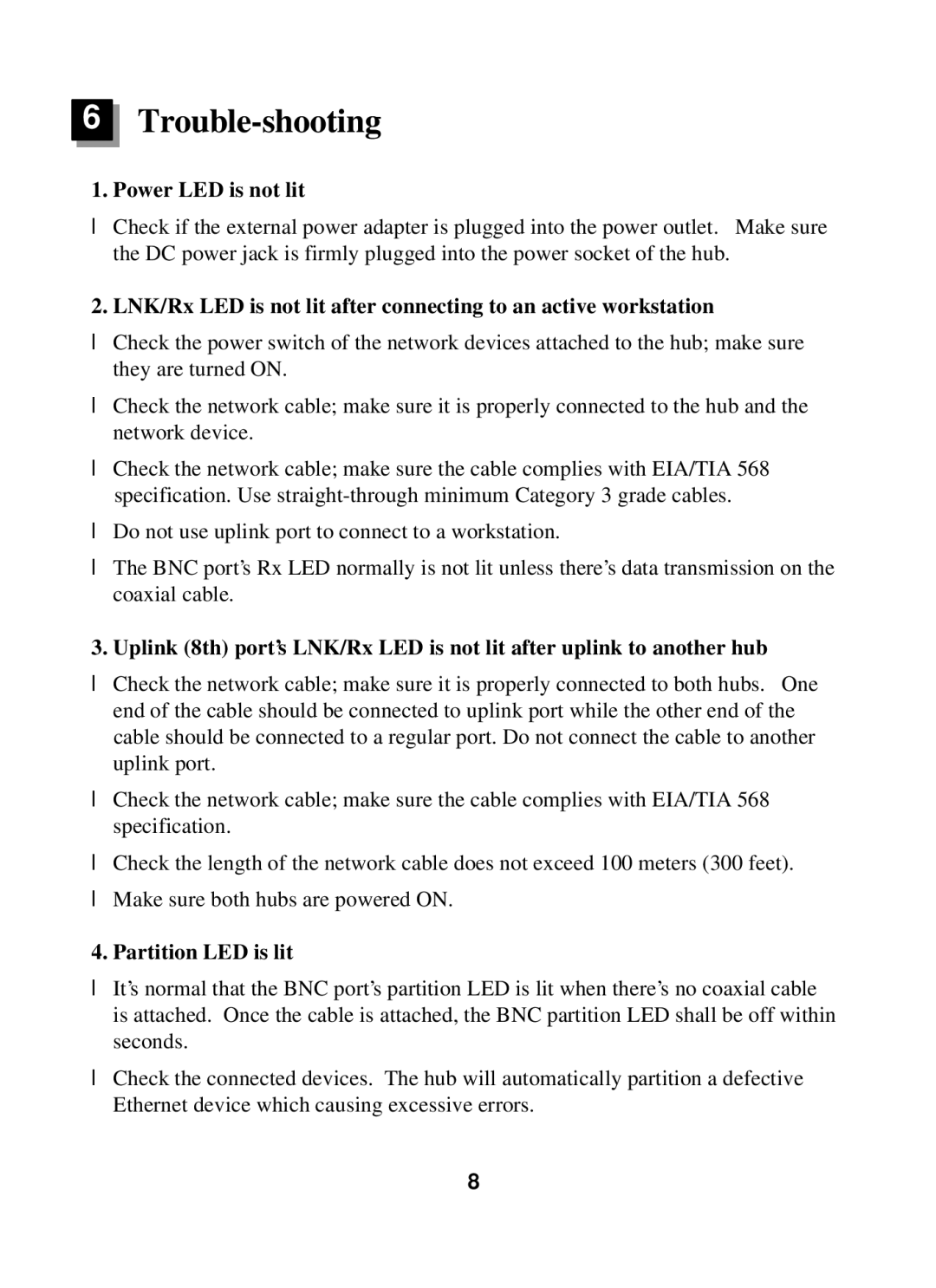 Edimax Technology ER-5390S user manual Trouble-shooting, Power LED is not lit, Partition LED is lit 