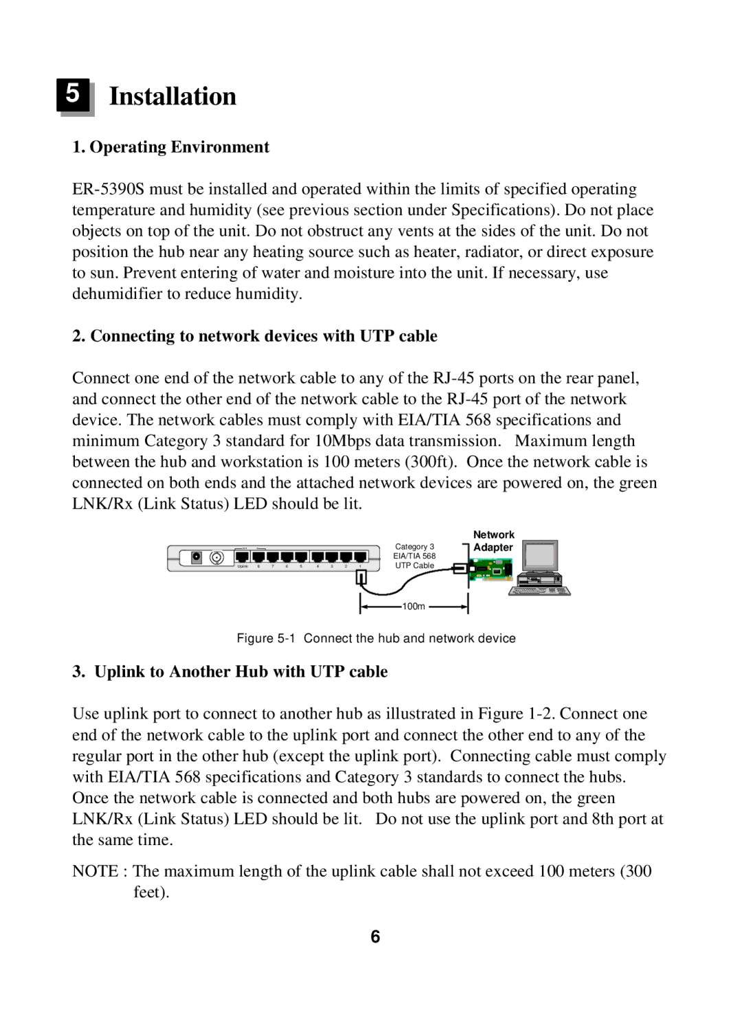 Edimax Technology ER-5390S user manual Installation, Operating Environment, Connecting to network devices with UTP cable 