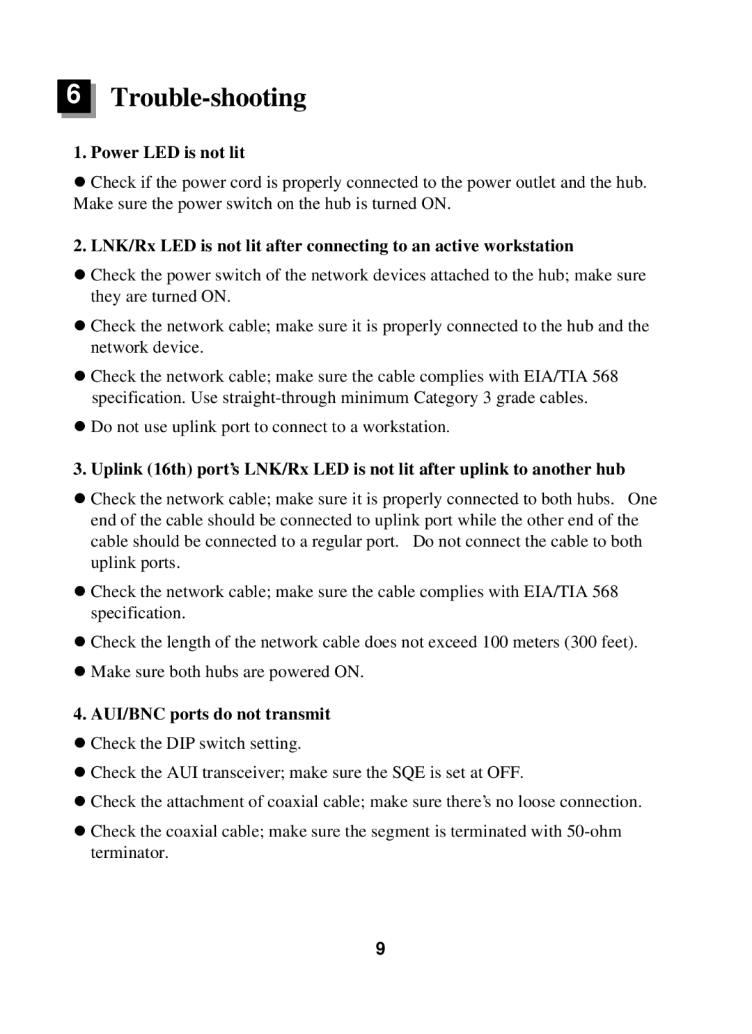 Edimax Technology ER-5398S user manual Trouble-shooting, Power LED is not lit, AUI/BNC ports do not transmit 