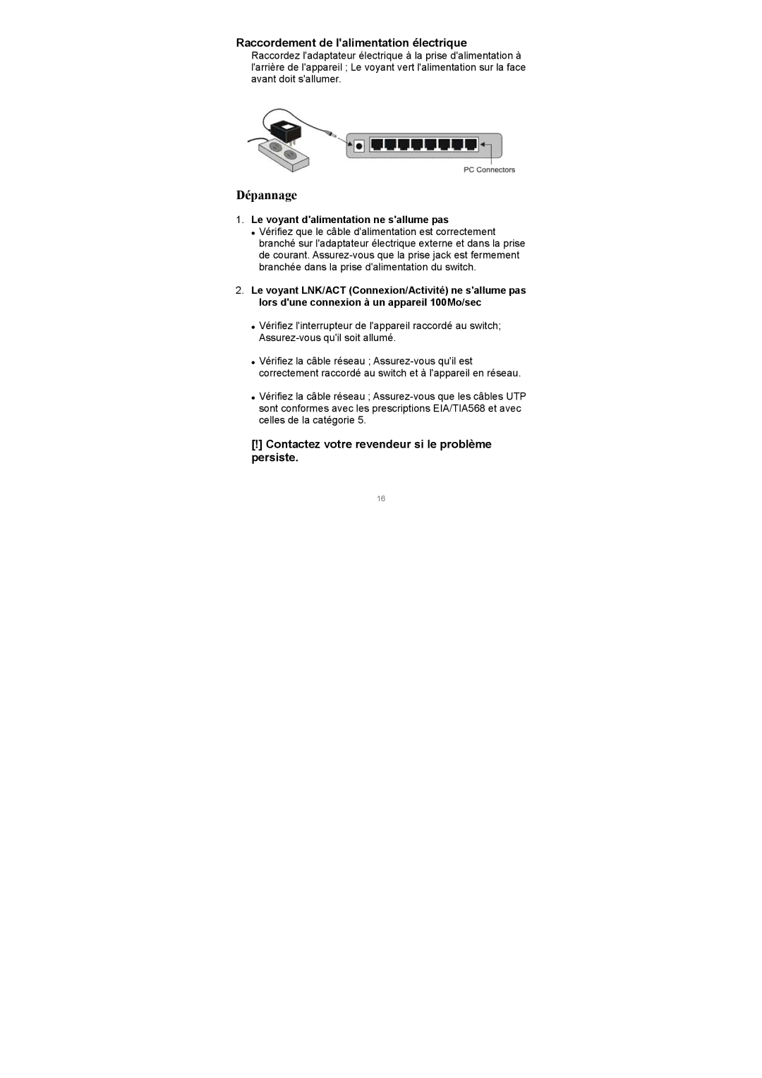 Edimax Technology ES-3105P Dépannage, Raccordement de lalimentation électrique, Le voyant dalimentation ne sallume pas 